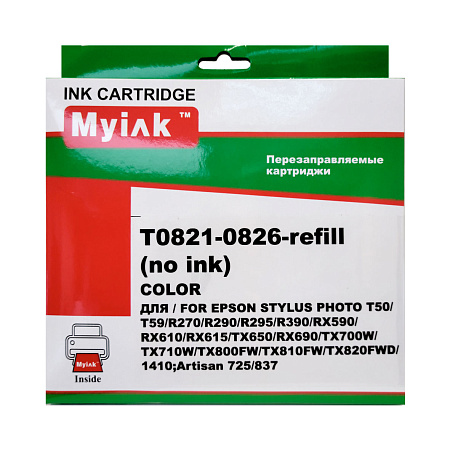 Перезаправляемые картриджи ПЗК T0821-T0826 для Epson St Photo R270, R290,R295, R390, RX590, RX690, TX700, T50, T59, 1410, чипы с автосбросом, комплект 6 цветов,  MyInk 