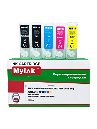 Перезаправляемые картриджи ПЗК PFI-030MBK/BK/C/Y/031M для CANON imageProGRAF TA-20/30;TM-240/340, с чипами, 5шт X 55мл, NEW MyInk Перезаправляемые картриджи ПЗК PFI-030MBK/BK/C/Y/031M для CANON imageProGRAF TA-20/30;TM-240/340, с чипами, 5шт X 55мл, NEW MyInk