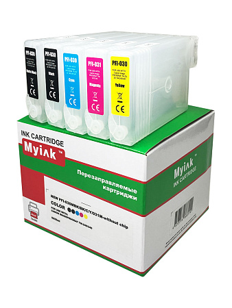 Перезаправляемые картриджи ПЗК PFI-030MBK/BK/C/Y/031M для CANON imageProGRAF TA-20/30;TM-240/340, без чипов, 5шт X 55мл, NEW MyInk 