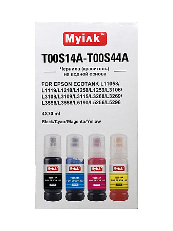 Чернила MyInk для Epson Ecotank L11058, L1119, L1218, L1258, L1259, L3106, L3108, L3109, L3115, L3268, L3269, L3556, L3558, L5190, L5256, L5298 (103/104) (c) водные 4x70 мл, KeyLock, комплект 4 цвета Чернила MyInk для Epson Ecotank L11058, L1119, L1218, L1258, L1259, L3106, L3108, L3109, L3115, L3268, L3269, L3556, L3558, L5190, L5256, L5298 (103/104) (c) водные 4x70 мл, KeyLock, комплект 4 цвета