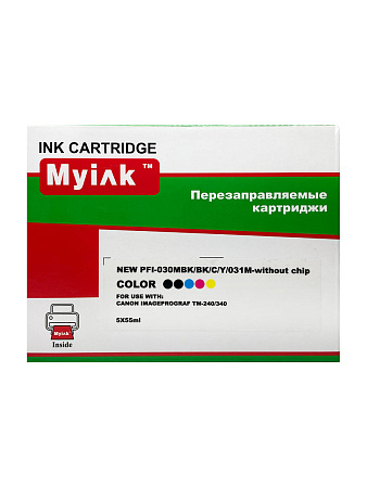 Перезаправляемые картриджи ПЗК PFI-030MBK/BK/C/Y/031M для CANON imageProGRAF TA-20/30;TM-240/340, без чипов, 5шт X 55мл, NEW MyInk 