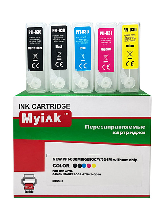Перезаправляемые картриджи ПЗК PFI-030MBK/BK/C/Y/031M для CANON imageProGRAF TA-20/30;TM-240/340, без чипов, 5шт X 55мл, NEW MyInk 